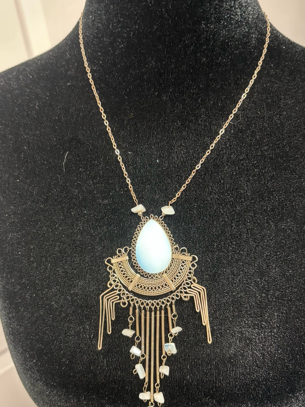 Gold-Tone Teardrop Fringe Necklace with White Stone